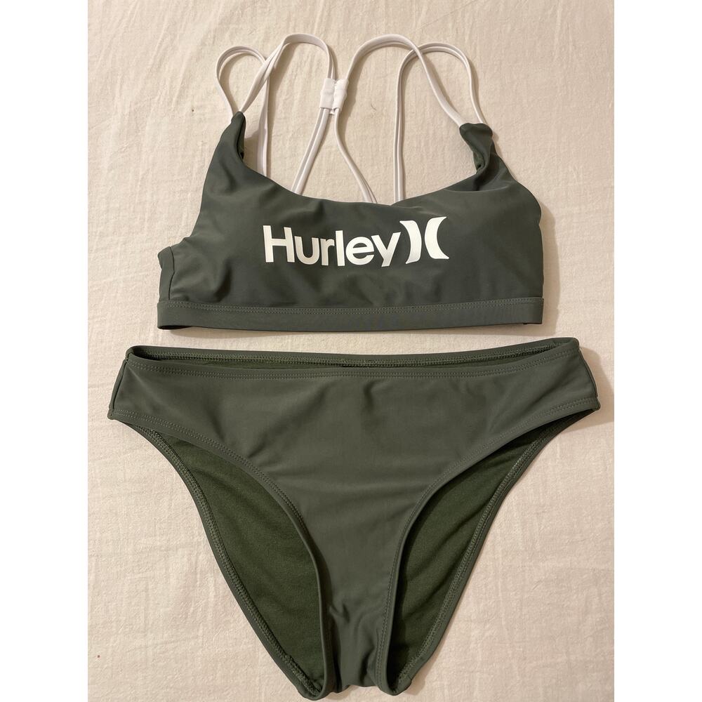 Hurley Olive Green Two-Piece Bikini Top with White Logo